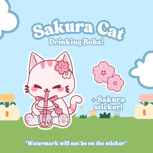 Sakura Cat Drinking Boba! Vinyl Sticker